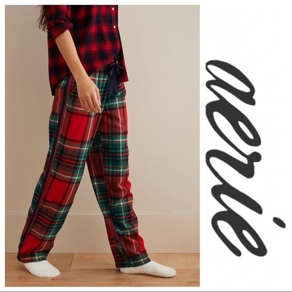 Aerie Pajama Pants Plaid Cotton Lounge Sleep Red Green Blue